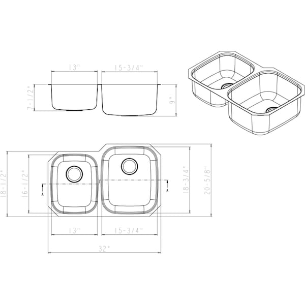 32 Lx20-5/8 Wx9 D Undermount 18 Gauge Stainless Steel 40/60 Double Bowl Sink